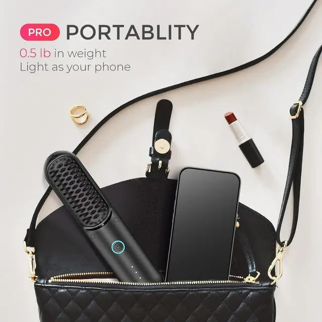 Cordless Hair Straightener Brush - Porta PRO Portable Straightening Brush for Travel, Mini lonic Hot Comb
Straightener for Women, Lightweight on-The-go, Cordless & Fast Charger Dual Power, Black Beaut Fate