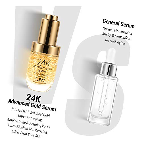 24K Gold Anti Aging Face Serum Moisturizer Enriched with Vitamin C Serum, Hyaluronic Acid, Vitamin E Cream for Day and Night Wrinkle Reduction, Re-Activate Skin Youth (1FL.OZ) ZPM