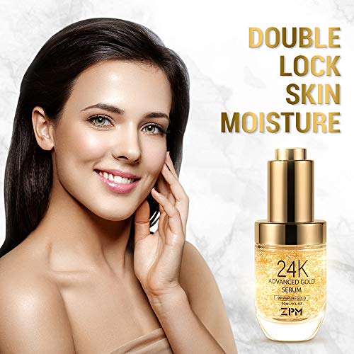 24K Gold Anti Aging Face Serum Moisturizer Enriched with Vitamin C Serum, Hyaluronic Acid, Vitamin E Cream for Day and Night Wrinkle Reduction, Re-Activate Skin Youth (1FL.OZ) ZPM
