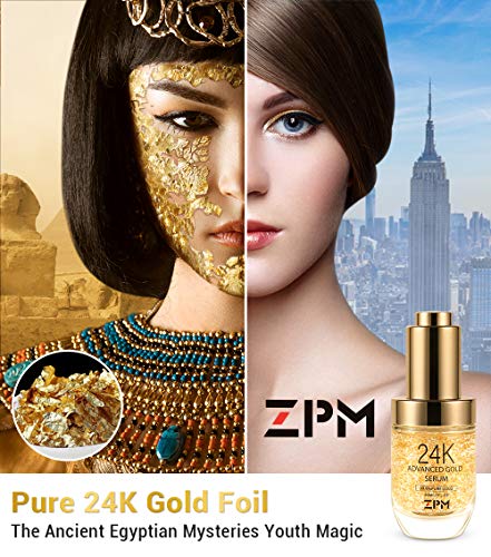 24K Gold Anti Aging Face Serum Moisturizer Enriched with Vitamin C Serum, Hyaluronic Acid, Vitamin E Cream for Day and Night Wrinkle Reduction, Re-Activate Skin Youth (1FL.OZ) ZPM