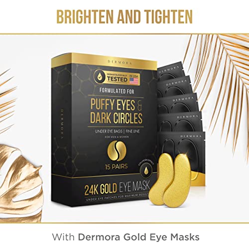 DERMORA 24K Gold Eye Mask– 50 Pairs Eye Gels - Puffy Eyes and Dark Circles Treatments – Look Less Tired and Reduce Wrinkles and Fine Lines Undereye, Revitalize and Refresh Your Skin. DERMORA