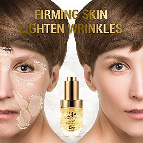 24K Gold Anti Aging Face Serum Moisturizer Enriched with Vitamin C Serum, Hyaluronic Acid, Vitamin E Cream for Day and Night Wrinkle Reduction, Re-Activate Skin Youth (1FL.OZ) ZPM