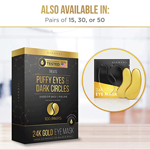 DERMORA 24K Gold Eye Mask– 50 Pairs Eye Gels - Puffy Eyes and Dark Circles Treatments – Look Less Tired and Reduce Wrinkles and Fine Lines Undereye, Revitalize and Refresh Your Skin. DERMORA