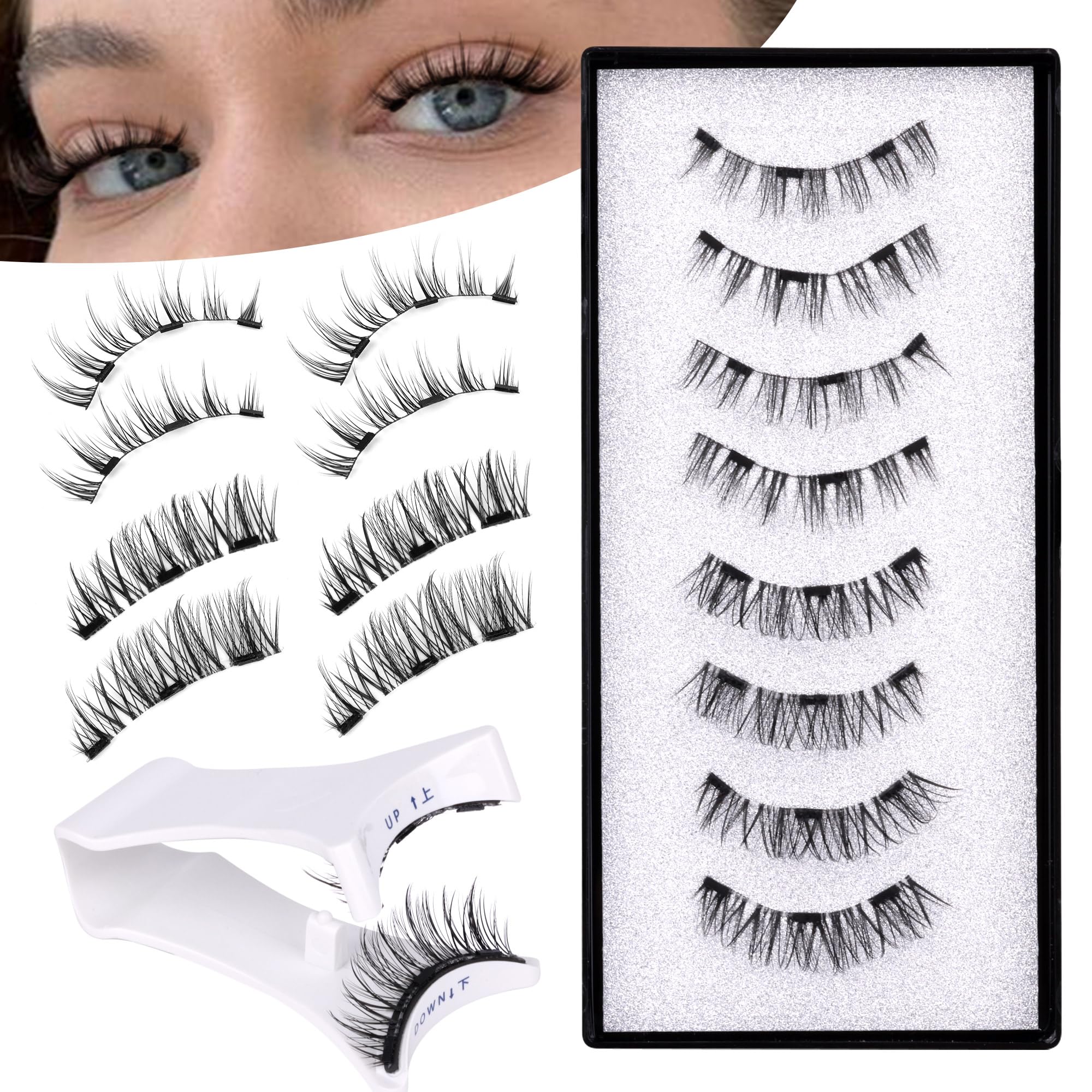 JIMIRE Magnetic Eyelashes Natural Look Cat Eye Wispy Magnetic Lashes with Applicator Reusable Magnetic Eyelashes No Glue Needed Magnetic Lashes 2 Styles Mix Clear Band Eyelashes All Day Comfort JIMIRE