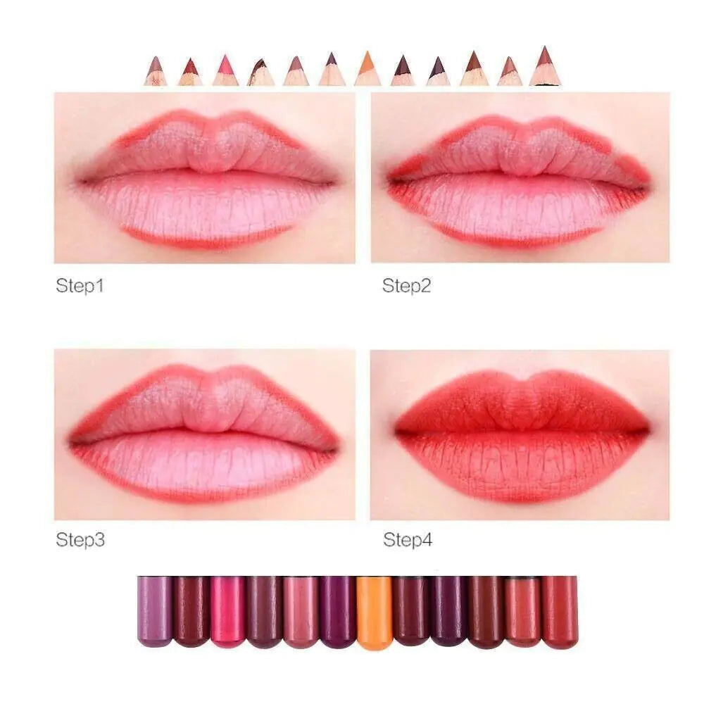 12Pcs Women Waterproof Lipstick Long Lasting Matte Lip Liner Pencil Lip Pen Set Beaut Fate