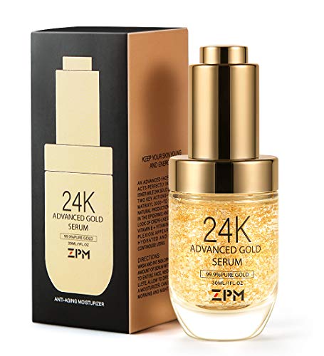 24K Gold Anti Aging Face Serum Moisturizer Enriched with Vitamin C Serum, Hyaluronic Acid, Vitamin E Cream for Day and Night Wrinkle Reduction, Re-Activate Skin Youth (1FL.OZ) ZPM