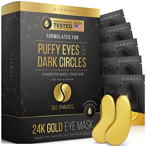 DERMORA 24K Gold Eye Mask– 50 Pairs Eye Gels - Puffy Eyes and Dark Circles Treatments – Look Less Tired and Reduce Wrinkles and Fine Lines Undereye, Revitalize and Refresh Your Skin. DERMORA